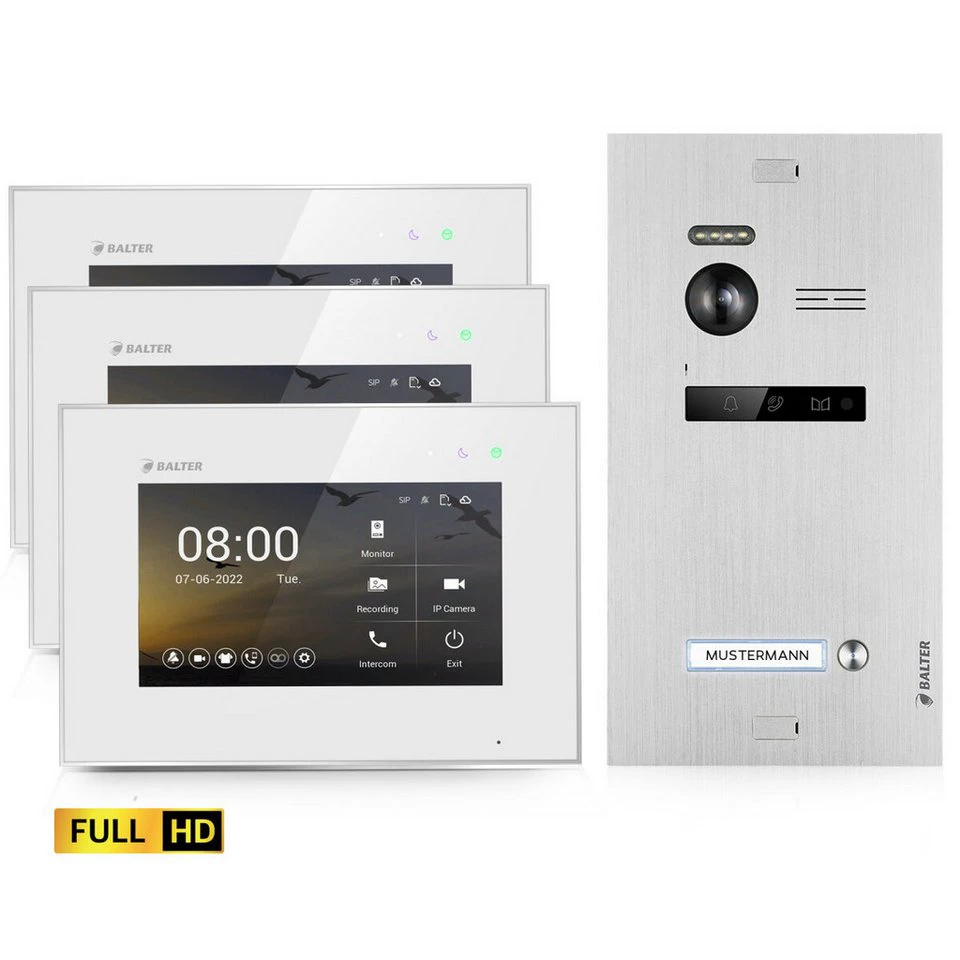 Balter Video-Türsprechanlage EVO-HD Komplettset 1-Familie Silber 3x 7" Monitore Weiß FullHD Kamera