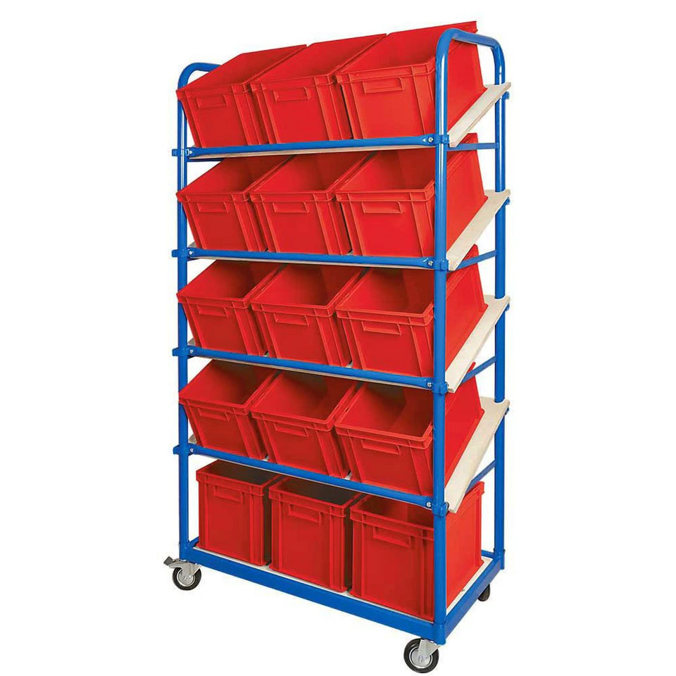 BRB-Lagertechnik Regaltransportwagen Schrägbodenwagen 5 Ebenen 4 Lenkrollen 15 Euroboxen 400x300x235 mm