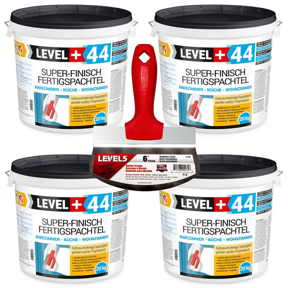 Level+ Fertigspachtel L+44 Q4 Spachtelmasse 80KG mit Eimerschaber 5-210