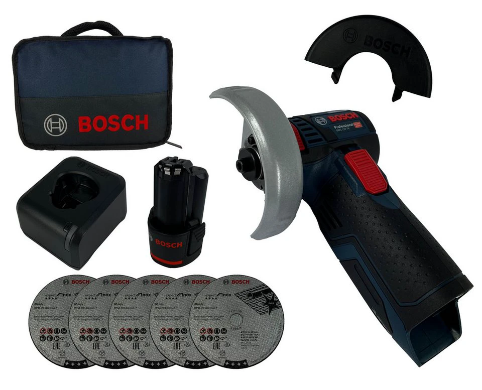 Bosch Professional Akku-Winkelschleifer GWS 12V-76 mit Akku 2 Ah Ladegerät Tasche 5tlg. Trennscheiben-Set
