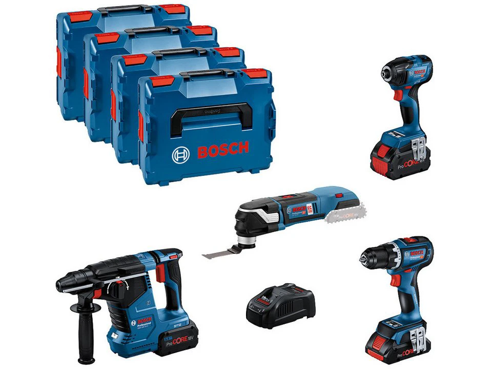 Bosch Professional Elektrowerkzeug-Set Elektriker 15-tlg. GSR 18 V-90 C GDR 18 V-210 C GBH 18 V-24 C GOP 18 V-28