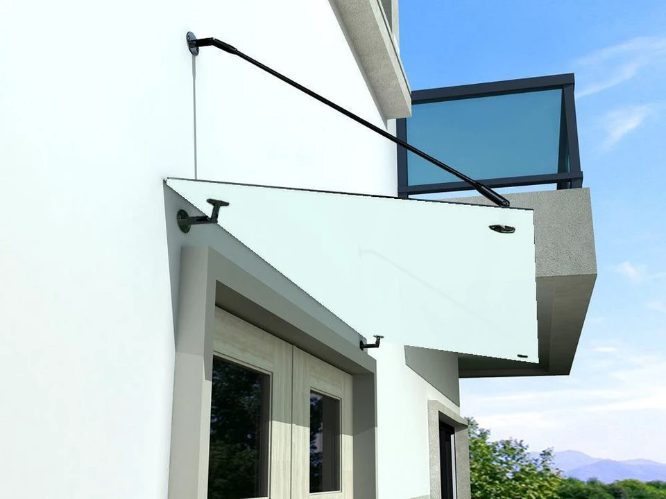 BuyLando.Shop Vordach Glaswerk Westfalen- (STR) 180x90 cm Milchglas Halter SW ohne Montagematerial