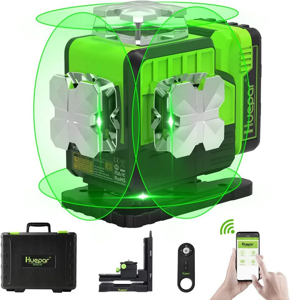 Huepar P04CG 4D Kreuzlinienlaser mit Fernbedienung grüner Laser 4 x 360° im Koffer