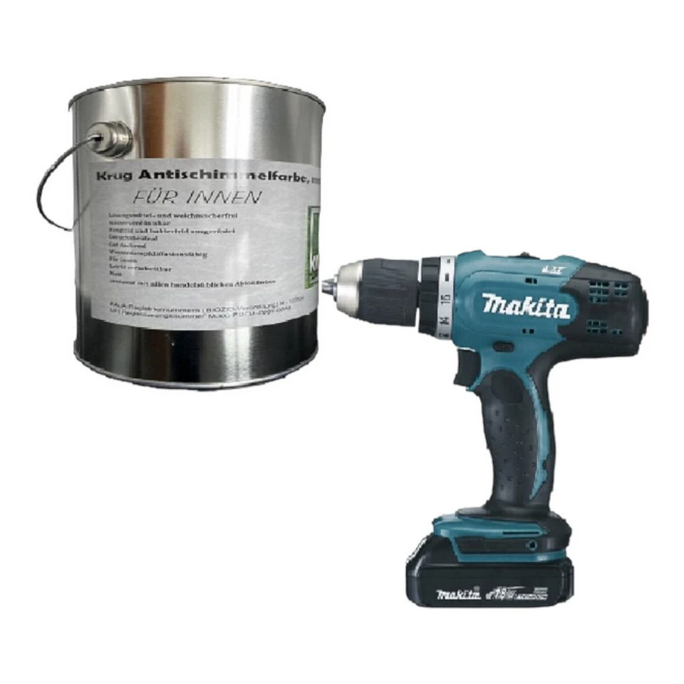 Makita Bohrschrauber DDF453SYX4 Set mit Krug Antischimmelfarbe 4x 2,5 L 18 V 1,5 Ah