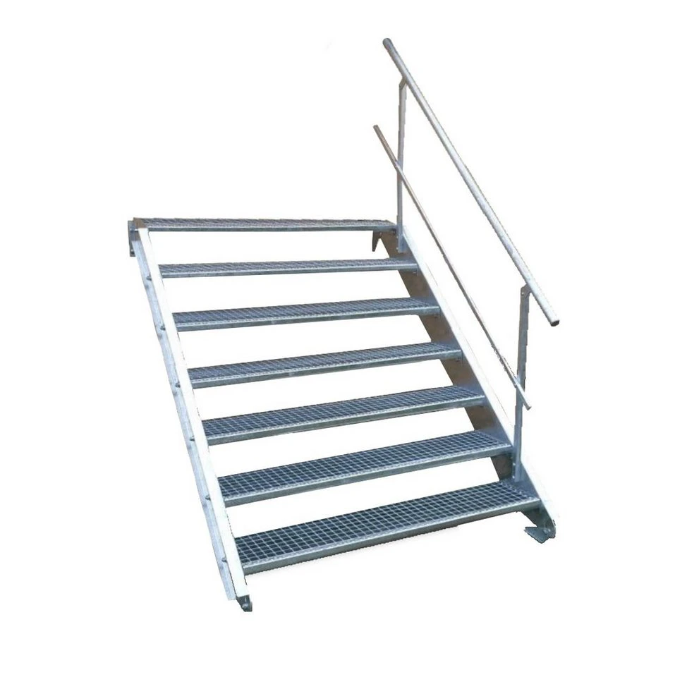 SRM Design Außentreppe 7 Stufen Stahltreppe mit einseitigem Geländer 110 cm 100-140 cm