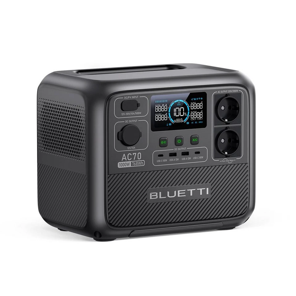 BLUETTI AC70 Powerstation 768 Wh LiFePO4 1000 W mit Power-Lifting-Modus