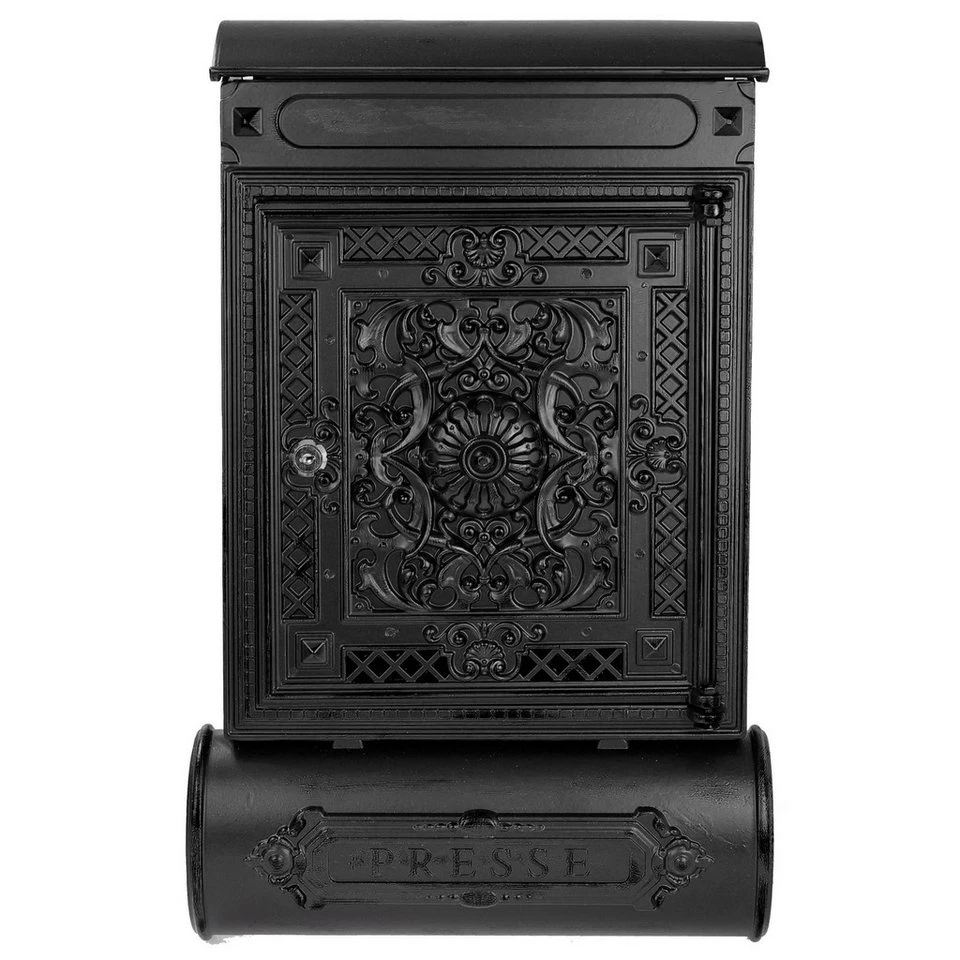 HMF Wandbriefkasten 512-02 Antik mit Zeitungsfach Aluguss Schwarz 57 x 35 x 10 cm