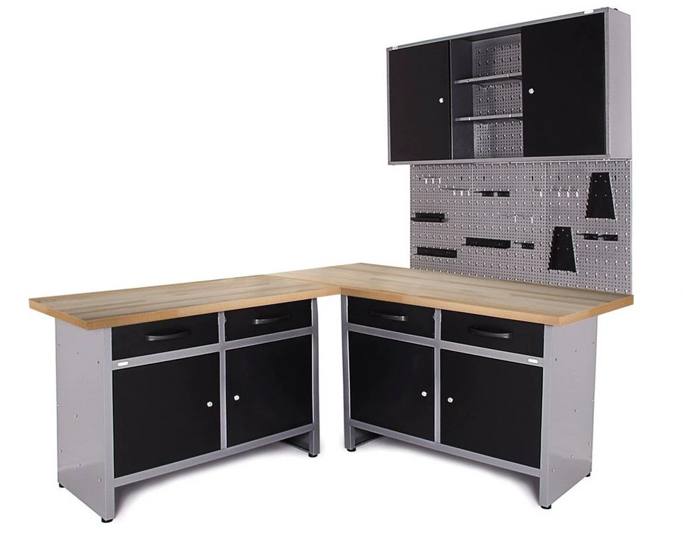 ONDIS24 Werkstatt-Set Ecklösung Iconic One Werkbank 120 x 60 cm Buchenholzarbeitsplatte Werkzeugschrank