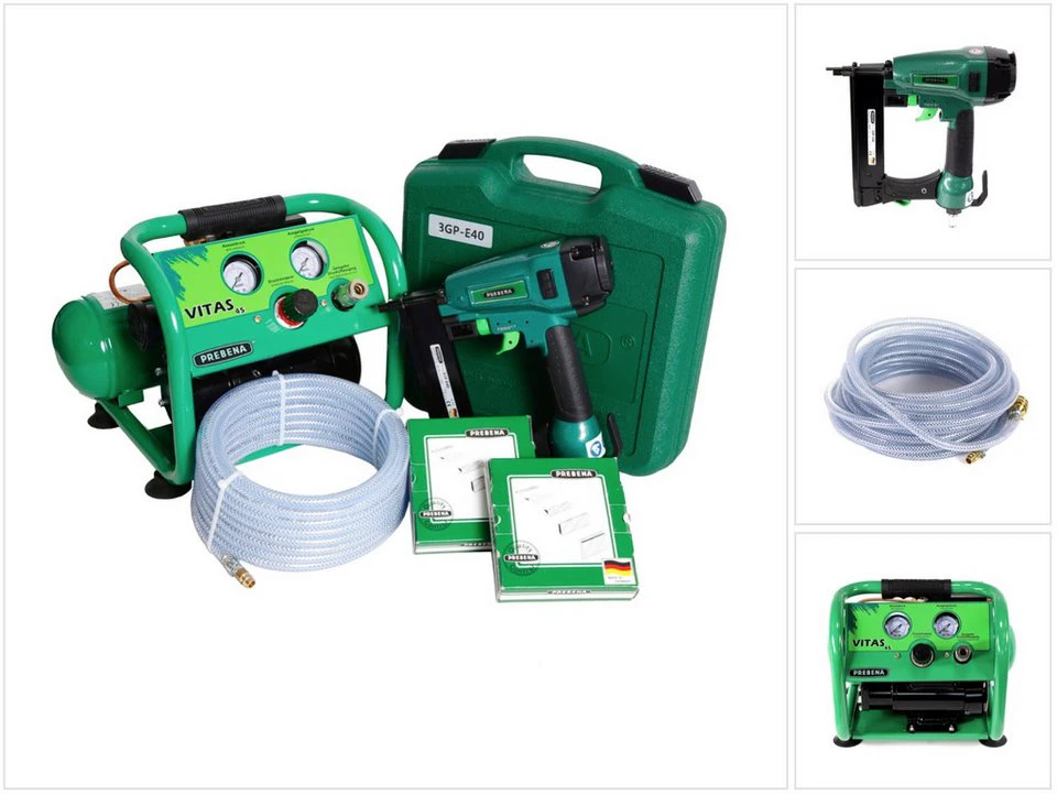 Prebena Druckluft-Nagler 3GP-E40 Komplettpaket mit Kompressor VITAS 45 10 m Schlauchset
