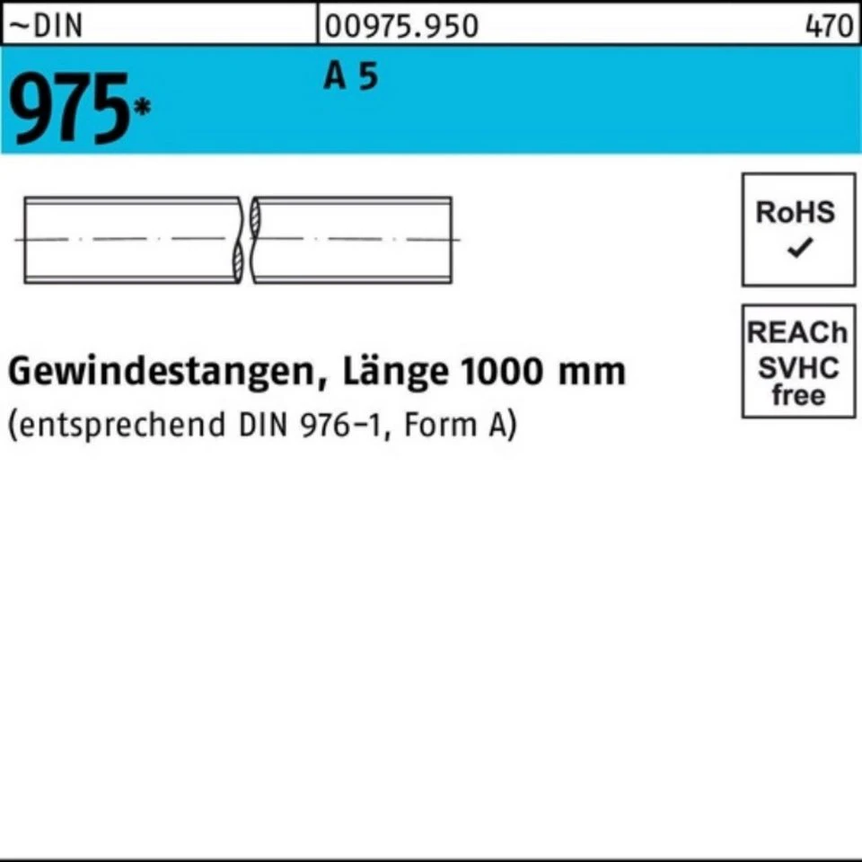 Reyher Gewindestange 009759500060000 DIN 975 M 6 x 1000 mm A 5 1 Stück
