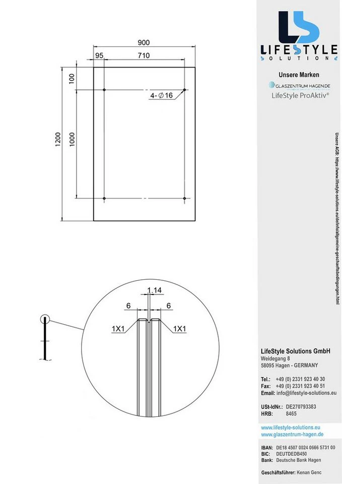Glaszentrum Hagen Glasvordach 120x90 cm Grau RAL7016-STB VSG-Glas