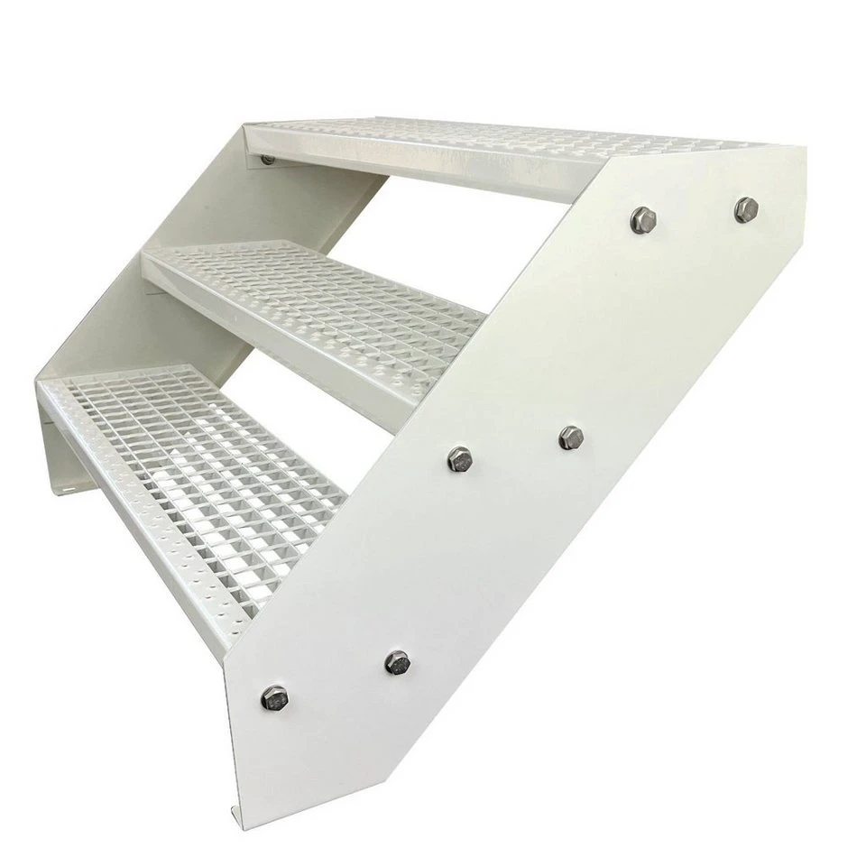 Kaminbau Mierzwa Außentreppe Premium 3 Stufen Weiß Stahl Gitterrost 57 cm 60 cm