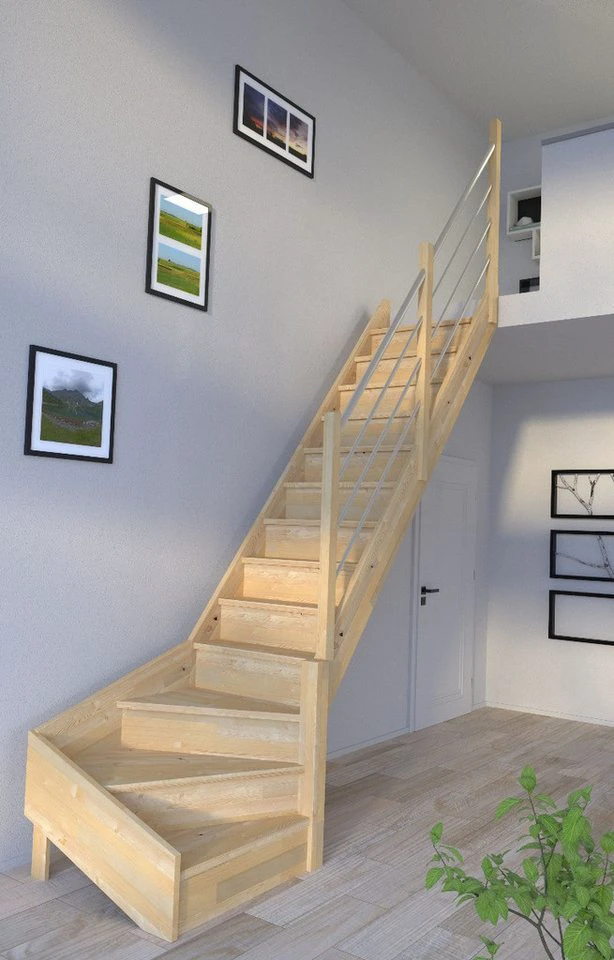 Starwood Raumspartreppe Holztreppe Korfu ¼ gewendelt rechts Holz Edelstahl