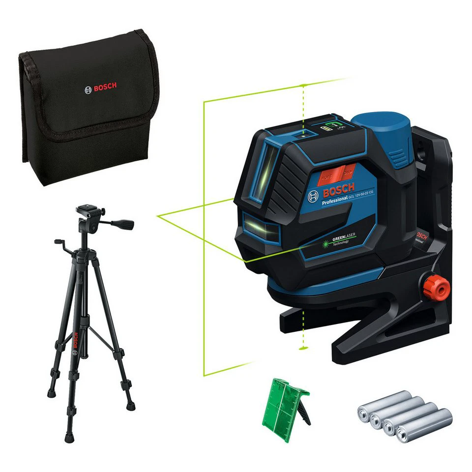 Bosch Professional Kreuzlinienlaser Kombilaser GCL 12V-50-22 CG mit Baustativ BT 150 ohne Akku Ladegerät