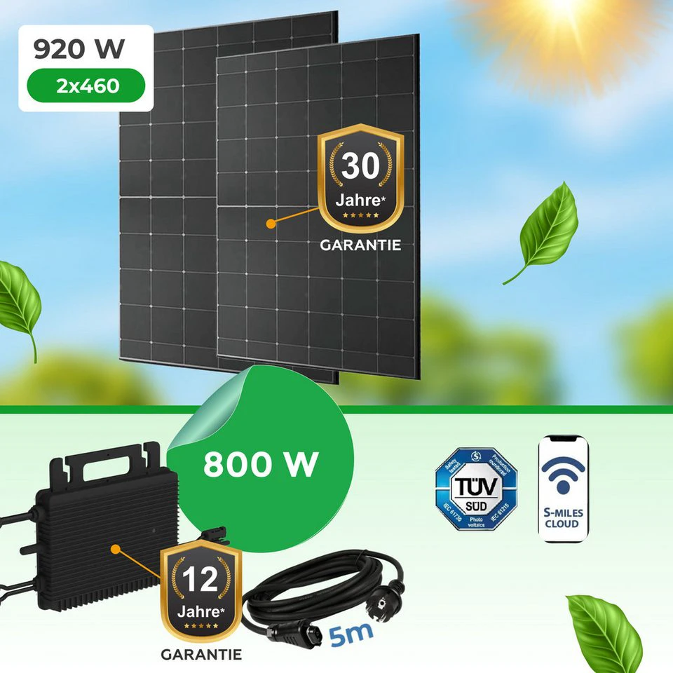 Paket.ag Balkonkraftwerk 920 Watt Hoymiles HMS-800W Wechselrichter bifazial 2 x 460 W Full Black