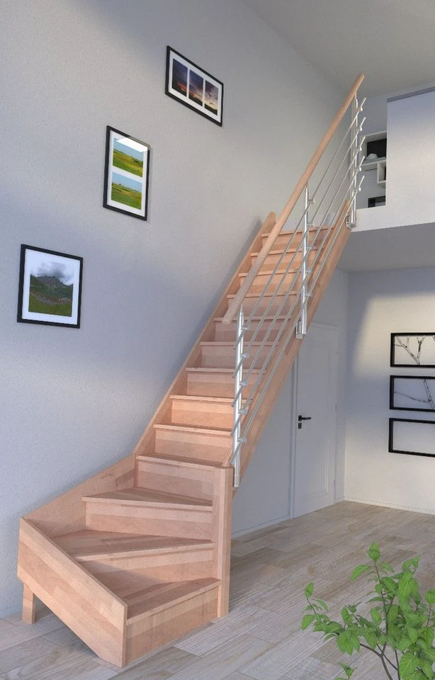 Starwood Raumspartreppe Holztreppe Rhodos ¼ gewendet rechts Buche-Design Edelstahlgeländer Setzstufen
