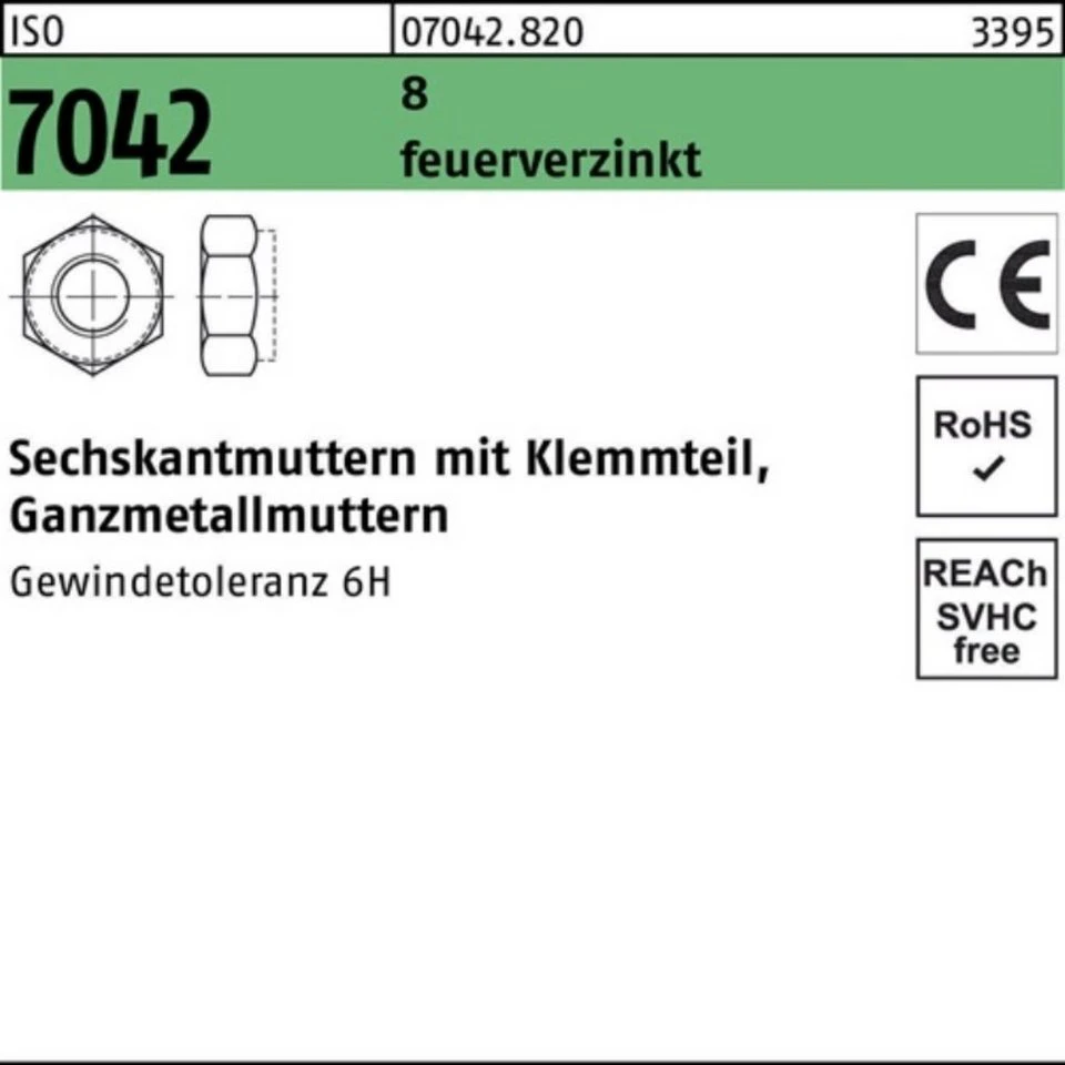 Reyher Sechskantmutter 070428200200000 ISO 7042 M 20 8 feuerverzinkt mit Klemmteil 100er Pack