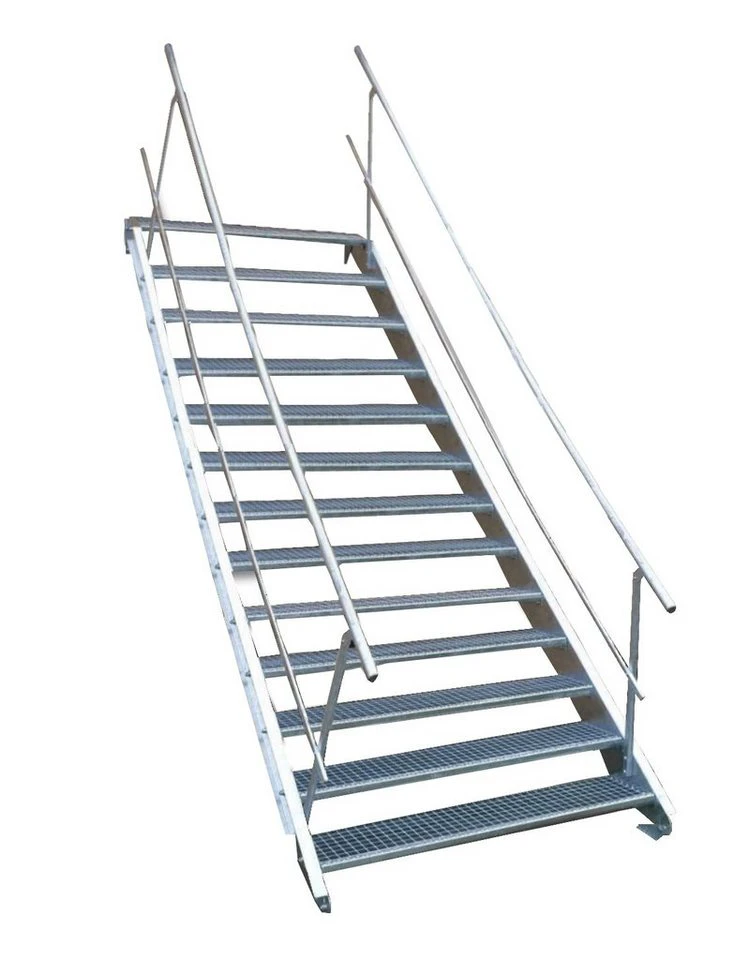 SRM Design Außentreppe 13 Stufen Stahltreppe beidseitig Geländer 60 cm Geschosshöhe 195-260 cm