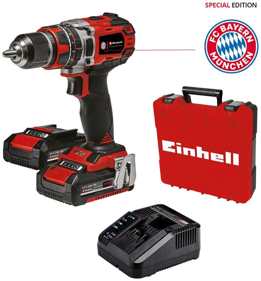 Einhell Akku-Schlagbohrschrauber TP-CD 18/50 Li-i BL FC Bayern München 2 Akkus 18V 2,0 Ah Ladegerät Koffer