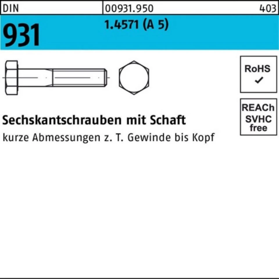 Reyher Sechskantschraube DIN 931 M 10 x 100 1.4571 A5 50 Stück