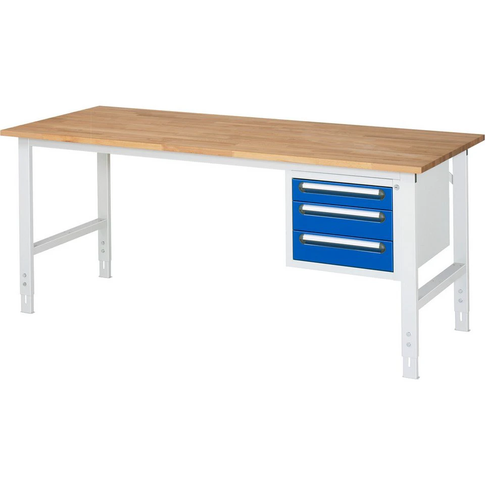 RAU Werkbank Arbeitstisch 2.000 x 760-1.080 x 800 mm 3 Schubladen Buche lichtgrau enzianblau