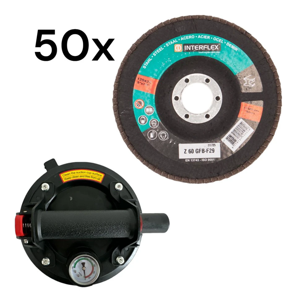 Plattenheber Vakuum-Saugnapf mit Manometer 220 kg + 50 Fächerschleifscheiben 125 mm Korn 60